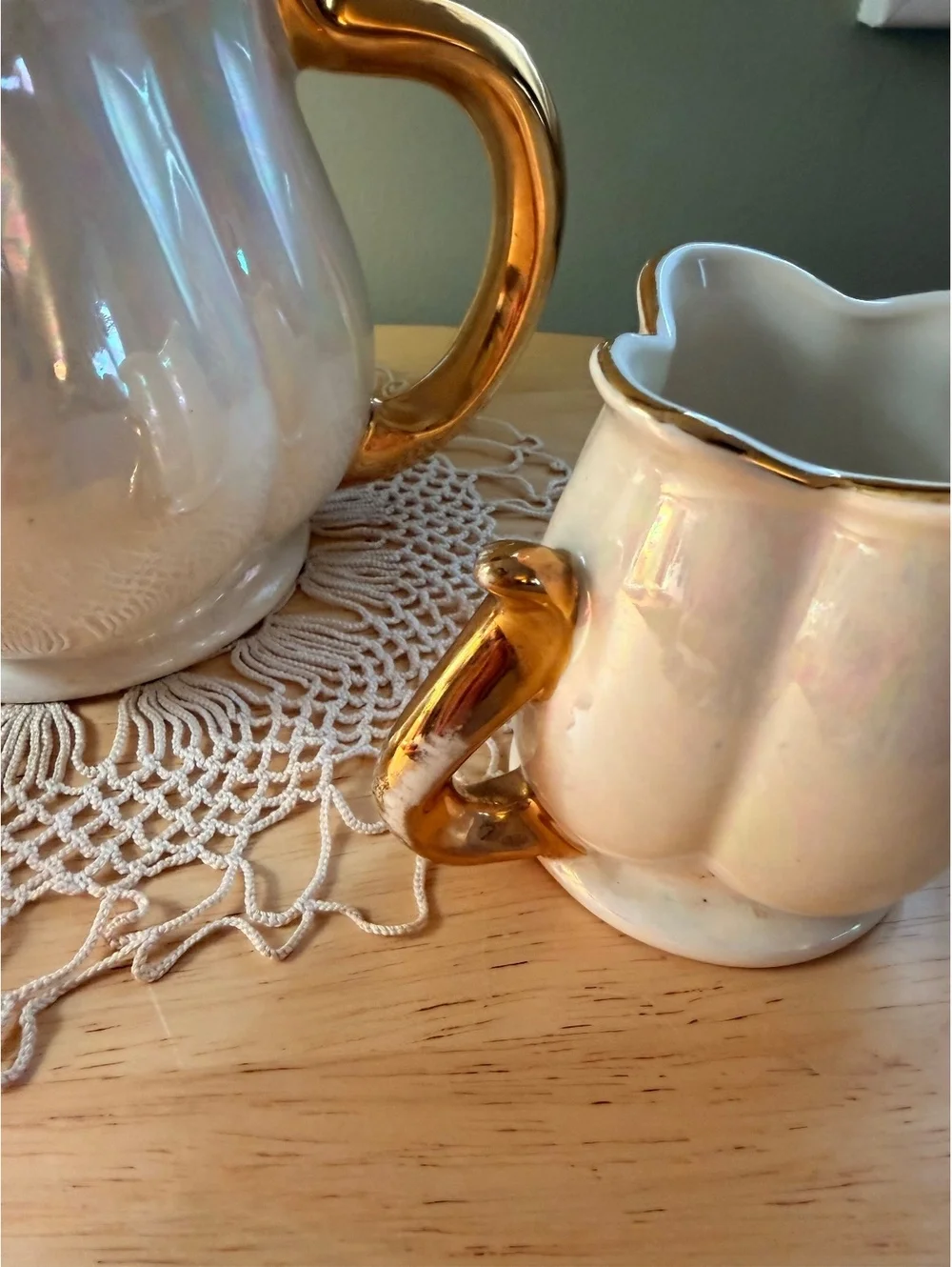 Vintage Ceramic Tea Set with Gold Accents - Teapot and Creamer Pitchers